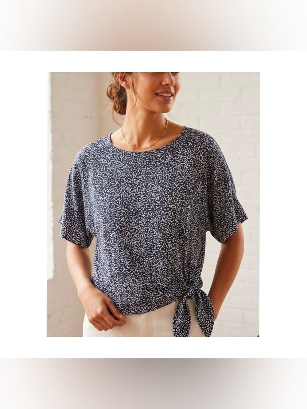 Michael Kors Navy and White Printed Short Sleeve Tie Top | Size 3XL